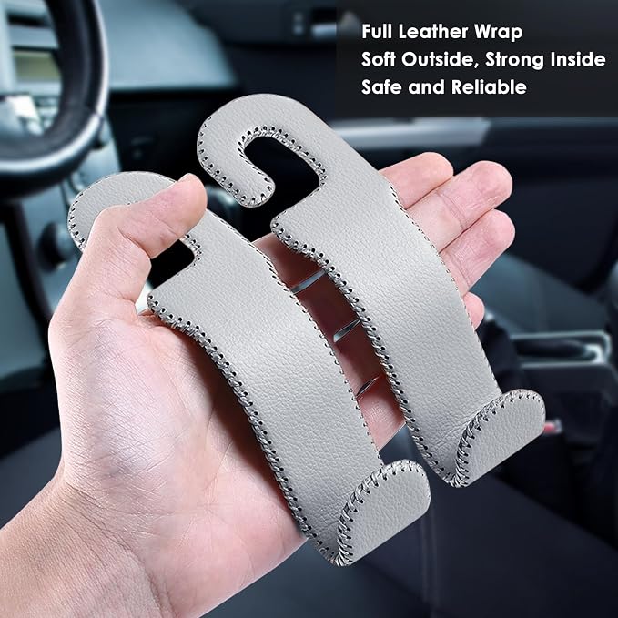 AMVOYOA Leather Car Seat Hooks - U-Shaped Purse Holder for Car, Fully Leather-Wrapped Headrest Hooks for Purses, Bags & Coats, Durable Seat Back Organizer for Travel & Daily Use (Gray, 2 Pack) - Image 6