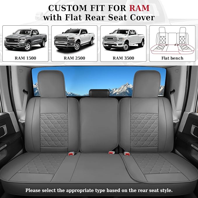 Coverado Leather Car Seat Covers, Waterproof Dooge Ram 1500 Seat Covers Compatible with 2002-2026 Dodge Ram 1500 2500 3500 with Flat Bench (Full Set, Dark Gray) - Image 4