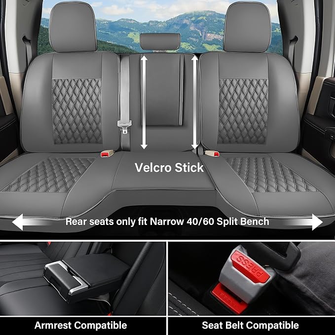 Coverado Chevy Chevrolet Silverado GMC Sierra Seat Covers Full Set, Custom Fit for 2014-2018 1500, 2015-2019 2500HD 3500HD Crew Double Extended Cab Truck, Waterproof Leather Car Seat Covers (Gray) - Image 3