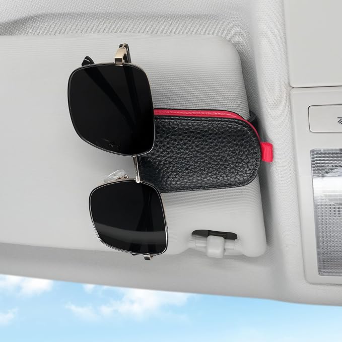 SINGARO Sunglasses Holder for Car, Leather Magnetic Buckle Sun Visor Sunglass Clip, Ticket Card Storage Glasses Clip, Car Interior Accessories for Men and Women（Black-red） - Image 3