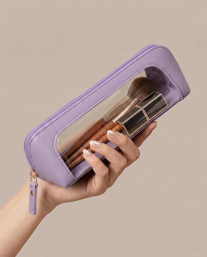 Cute Makeup Bag Travel Toiletry Bag for Women Small Cosmetic Bags Cute PVC Waterproof Makeup Pouch for Purse Makeup Brushes Bag Pencil Case Accessory Bag (Slim, Purple) - Image 2