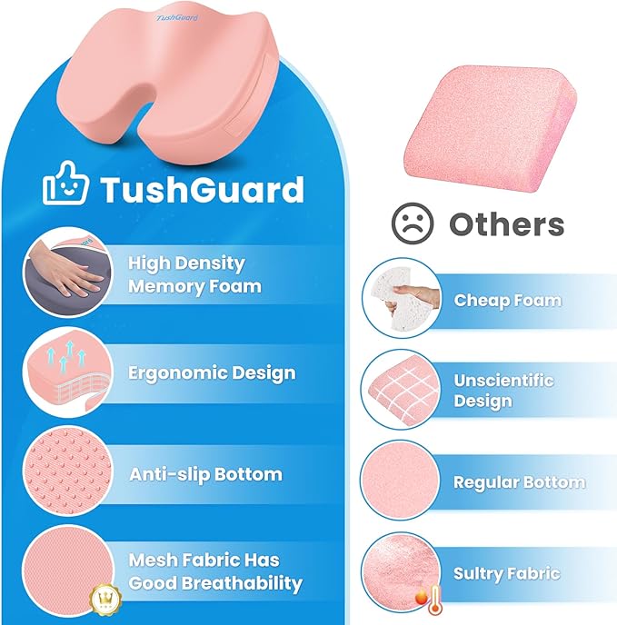 Seat Cushion for Office Chair, Memory Foam Chair Cushion, Pink | Office Chair Cushion for Car, Airplane - Chair Pad for Long Sitting Sciatica, Hip, Coccyx,Tailbone Pain Relief, Butt Pillow - Image 6