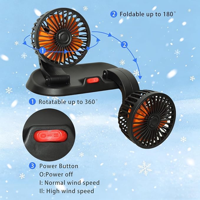 Dual Head 24V Car Cooling Fan, 360° Rotatable Dashboard Fan with 2 Speed Adjustable, Cigarette Lighter Plug Heavy Duty Truck Fan for Semi Truck, Bus, Tractor, Van, School Bus - Image 6