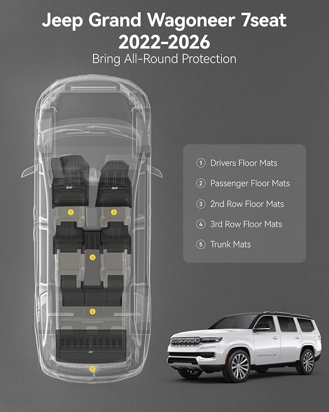 3W Floor Mats & Cargo Liner for Jeep Grand Wagoneer 2022-2025 (7 Seat) | (Not Fit for L or 8 seat) TPE Custom Fit Wagoneer Floor Liner for 1-3 Rows and Trunk Mats Full Set Car Accessories - Image 2