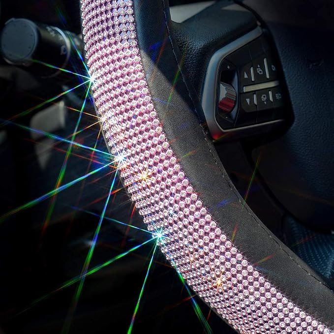 ChuLian New Diamond Leather Steering Wheel Cover with Bling Crystal | Universal Fit 15 Inch Car Wheel Protector for Women Girls with Bling Rhinestones Pink & White Diamond - Image 3