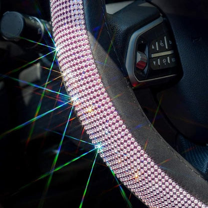 ChuLian New Diamond Leather Steering Wheel Cover with Bling Crystal | Universal Fit 15 Inch Car Wheel Protector for Women Girls with Bling Rhinestones Pink & White Diamond - Image 3