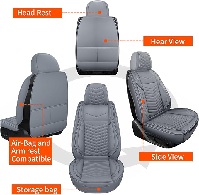 HChengkikz Nappa Leather Car Seat Covers Full Set, Gray Car seat Protector 5 Seats, Waterproof Car Seat Cushion, Universal Automotive Seat Covers Fit for SUV Truck Pick-up Sedan, Front and Rear | Easy Maintenance, Airbag Compatible, Universal Fit For M... - Image 8