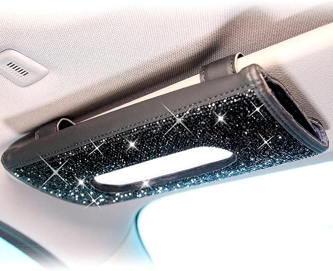 ChuLian Bling Bling Car Visor Tissue Holder | PU Leather Crystals Paper Towel Cover Case & Glitter Sunglasses Clip for Women Black Diamond - Image 3
