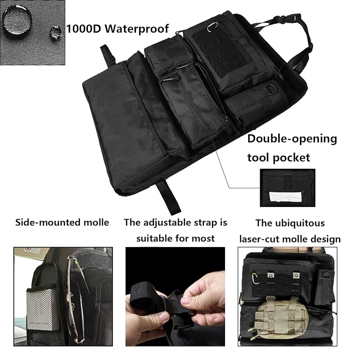 2 Pack Tactical Seat Back Organizer - Heavy Duty MOLLE Panel Organizer with Multiple Pockets & Seat Side Pocket Panel for EDC Gear, Road Trip Essentials Fit for Car SUV Truck Ford (Black integrated) - Image 6