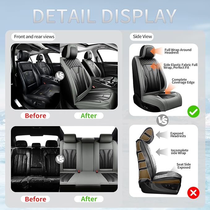 Fit Land Cruiser Premium Leather Car Seat Covers for Toyota Land Cruiser 2000-2025 2026 - Waterproof，Breathable，All-Weather Seat Cushion Protecto & Airbag Compatible, 2 Front Seat Gray&Black - Image 5
