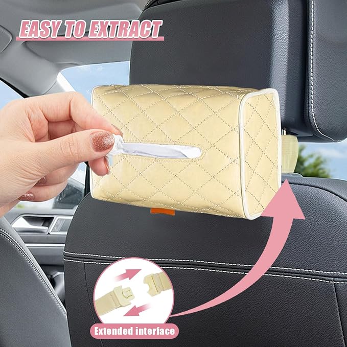 Car Tissue Holder, Soft PU Leather Auto Backseat Napkin Holder, Rectangle Hanging Tissue Box for 100-150 Standard Tissues, Universal Car Interior Storage & Organization Accessories (Beige) - Image 5