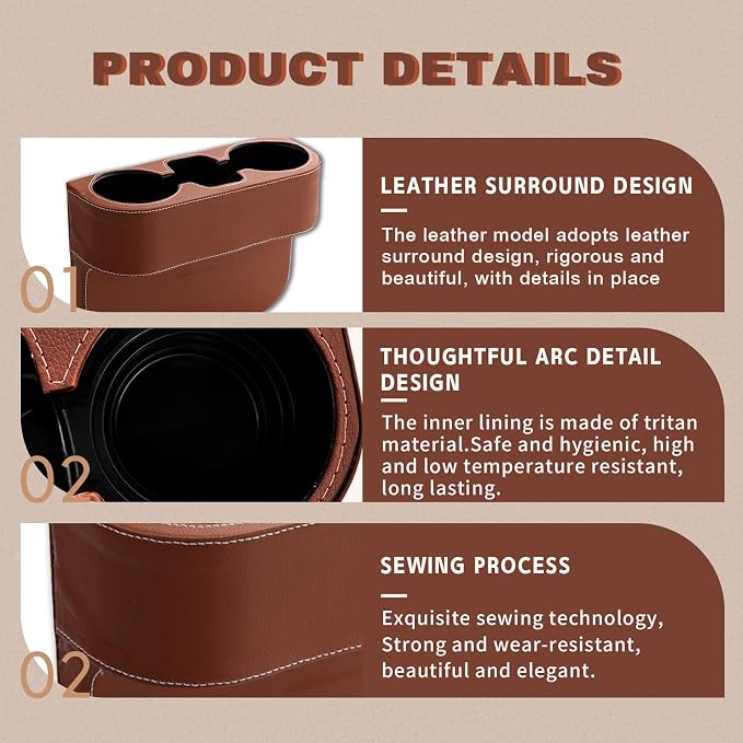 Car Cup Holder, PU Leather Auto Front Seat Organizer, Multifunctional Cup Drink Holders, Gap Filler Storage Box Coin Bucket Console Side Pocket Cell Mobile Phone Holder (Brown) - Image 6