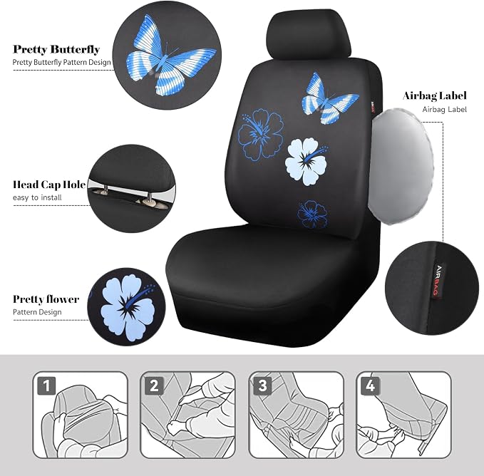 CAR PASS Blue Butterfly Car Seat Covers Full Set, Embroidered Flower Waterproof Car Floor Mats Carpet, Butterflies Steering Wheel Cover for Universal Car Accessories Interior Sets (Black and Blue) - Image 4