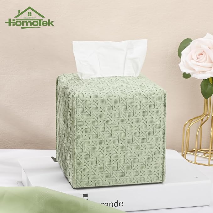 HOMOTEK 2 Pack Tissue Box Cover, Square PU Leather Tissue Holder, Decorative Facial Tissue Cube Paper Organizer Dispenser for Bathroom, Night Stands, Desk, Car 5X5X5'' - Rattan Weave,Mint Green - Image 4