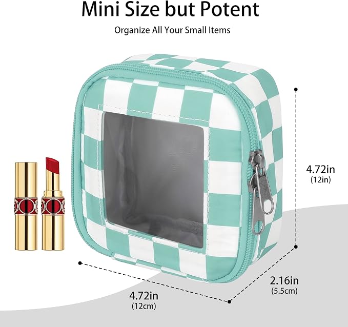 DOB SECHS Mini Checkered Bag for Purse 5.1'' x 5.1'' Small Makeup Bag for Car Cute Clear Cosmetic Bag with Zipper, Tiny Toiletry Bag Lipstick Organizer Pouch Travel Essential Storage Pouch, Mint Green - Image 2