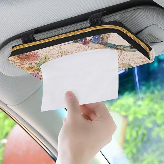Biyejit 2 Pack Car Tissue Holder, Hummingbirds Flowers Sun Visor Napkin Holder, PU Leather Backseat Tissue case Holder for Vehicle - Image 3