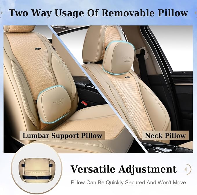 Coverado Car Seat Covers Full Set, Beige Seat Covers for Cars, Waterproof Nappa Leather Automotive Seat Covers with Lumbar Head Pillow, Car Seat Protectors, Universal Fit for Most Cars SUV - Image 3
