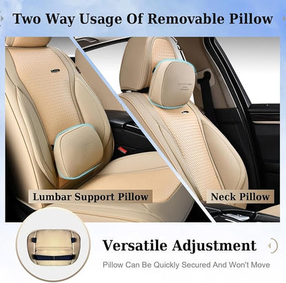 Coverado Car Seat Covers Full Set, Beige Seat Covers for Cars, Waterproof Nappa Leather Automotive Seat Covers with Lumbar Head Pillow, Car Seat Protectors, Universal Fit for Most Cars SUV - Image 3