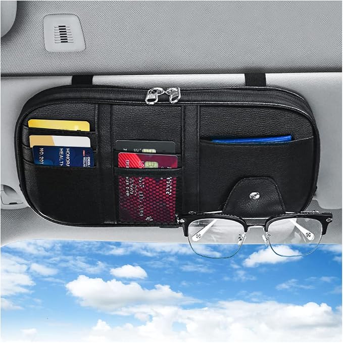 Car Sun Visor Organizer, Sunglass Holder and Storage Pocket, Card Cash Pouch with Multi-Pocket Net Zipper, Case Bag for License Pen Key, Auto Interior Accessories for Truck, SUV, Van (Black) by BELOMI