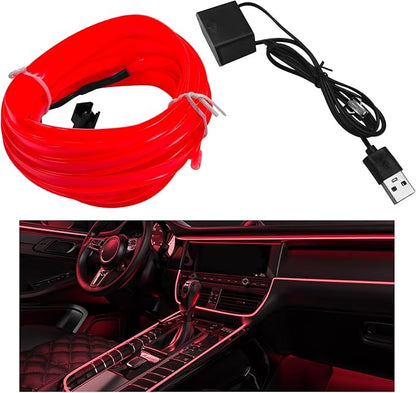 EL Wire Interior Car LED Strip Lights, 16.5FT 5V EL Wire Strip Neon Glowing Strobing Light w/ 5mm Sewing Edge, USB Electroluminescent Ambient Lighting Kit for Car Inside Decoration (Red) by Pxobiug