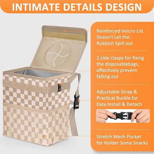 Vankor Car Trash Can with Lid Leak Proof Car Accessories for Women | 2.2 Gallon Cute Hanging Car Trash Bin for Men Car Truck Vehicle Interior Automotive Garbage Cans, Khaki Checkered - Image 4