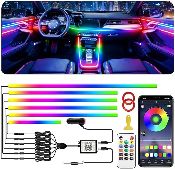 Interior Car LED Strip Lights, Acrylic LED Lights for Car with Dynamic Dreamcolor Chasing, Ambient Lighting Kits Music Sync Wireless APP and Remote Control (6 in 1) 175 inches 593 LEDs by Sxlofty