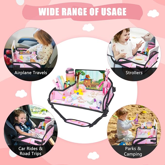 Upgraded Kids Travel Tray for Car Seat - Travel Tray for Airplane, Toddler Lap Tray, Carseat Lap Desk for Kids Road Trip Activities, Pink Unicorn - 2 PCS - Image 2