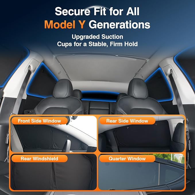 Custom Fit Tesla Model Y and Juniper Side Window Sun Shade, Blackout 7PCS | Graphene honeycomb UV heat blocking fabric, blackout privacy, strong suction cups, foldable storage for baby pets and camping - Image 8