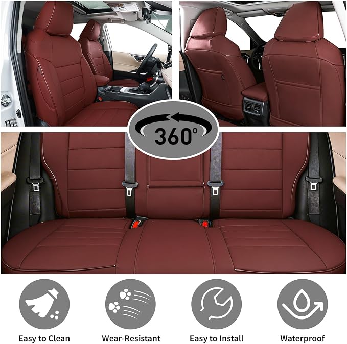 EKR Rav4 Seat Covers Custom Fit for Toyota Rav4(Gasoline) 2019 2020 2021 2022 2023 2024 2025 LE/XLE/XLE Premium/Limited,Leather Car Seat Cover Full Set for SUV,Faux Leather(Burgundy) - Image 3