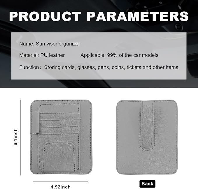 Dickno Small Leather Car Sun Visor Organizer, Multifunctional Auto Visor Document Holder with Sunglasses Clip, Universal Car Interior Organizer for Drving License, Card, Pen (Gray) - Image 2