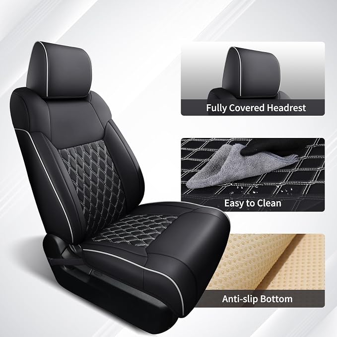 Huidasource Tacoma Front&Back Seat Covers Full Set, Automotive Leather Car Seat Cushion Cover Fit for 2005-2015 Double&Crew Cab 2nd Gen Toyota Tacoma Base SR5 Limited TRD Sport(Full Set/Black&White) - Image 5