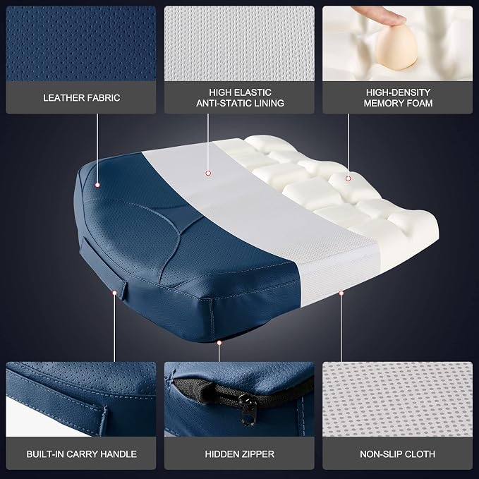 Leather Car Memory Foam Heightening Seat Cushion for Short People Driving,Hip(Coccyx/Tailbone) and Lower Back Pain Relief Butt Pillows,for Truck,SUV,Office Chair,Wheelchair,etc. (Blue - Image 4