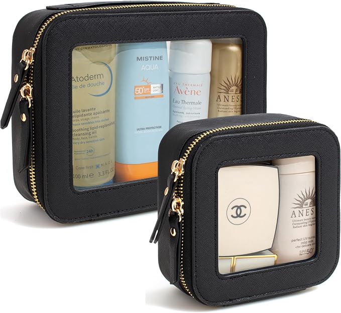 KOTORA Clear Sunscreen Makeup Bag Organizer Set,Portable Travel Toiletry Case for Women, Vegan Leather Cosmetic Pouch Beach Essentials Make Up Bag Organizer Storage Traveling (Black) by KOTORARetroleatherGoods