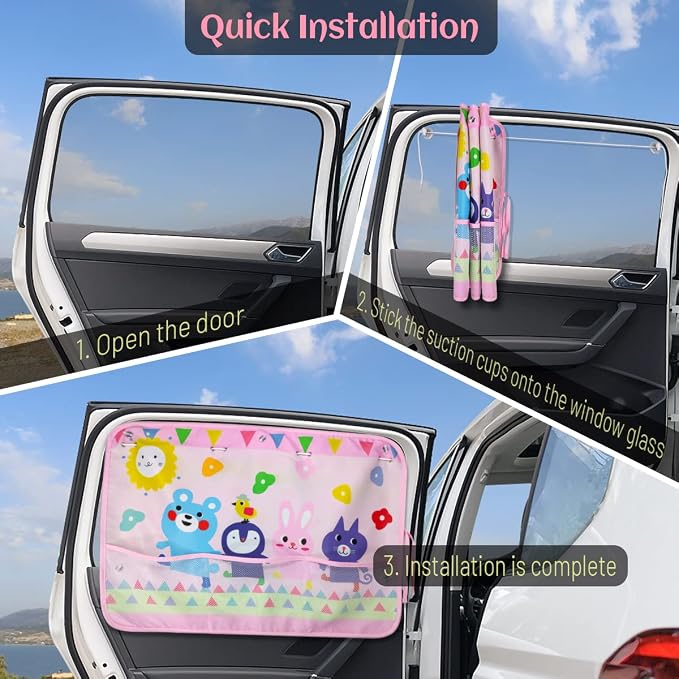 DIZA100 Car Sun Shade for Window Baby (2 Pack), Blackout Window Shades with Storage Net Pocket, 7 Suction Cups, Cute Patterns for Sun/Heat/UV Rays Block - Image 6