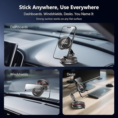 SYNCWIRE for MagSafe Car Mount [3-Axis] Nano Adhesive Gel + Strong Suction Cup Magnetic Phone Holder for Dashboard & Windshield, 360° Adjustable for iPhone 17 16 15 14 13 12, Samsung, Carbon Fiber - Image 9