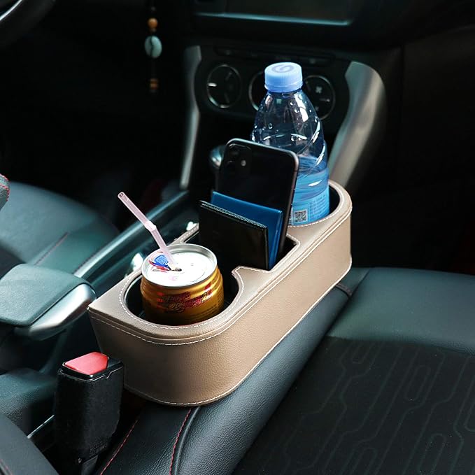 Car Cup Holder, Car Seat Gap Filler Organizer, PU Leather, Beige | Front Seat Organizer, Console Side Pocket, Cell Phone Holder, Coin Bucket, Car Storage Box, Universal Fits, Easy Installation - Image 6