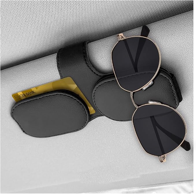 DXNQ Sunglass Holder for Car Sun Visor, Leather Magnetic Eyeglass Holder Mount Clip for Visor, Universal Eyeglasses Hanger and Ticket Card Clip for Vehicle Visor, Car Accessories (Black+Double Clip) by DXNQ