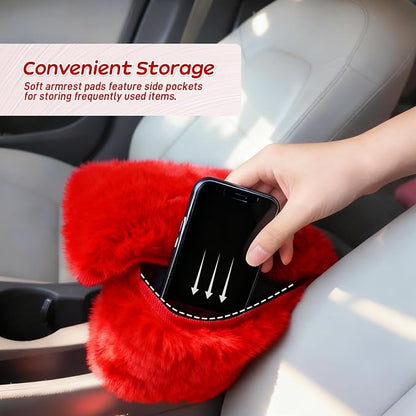 Fluffy Car Armrest Cover with Side Pockets – Plush Fuzzy Fur Center Console Armrest Cushion Pad, Universal Winter Car Interior Protector, Soft Arm Rest Cover with Storage for Women & Men (RED) - Image 4