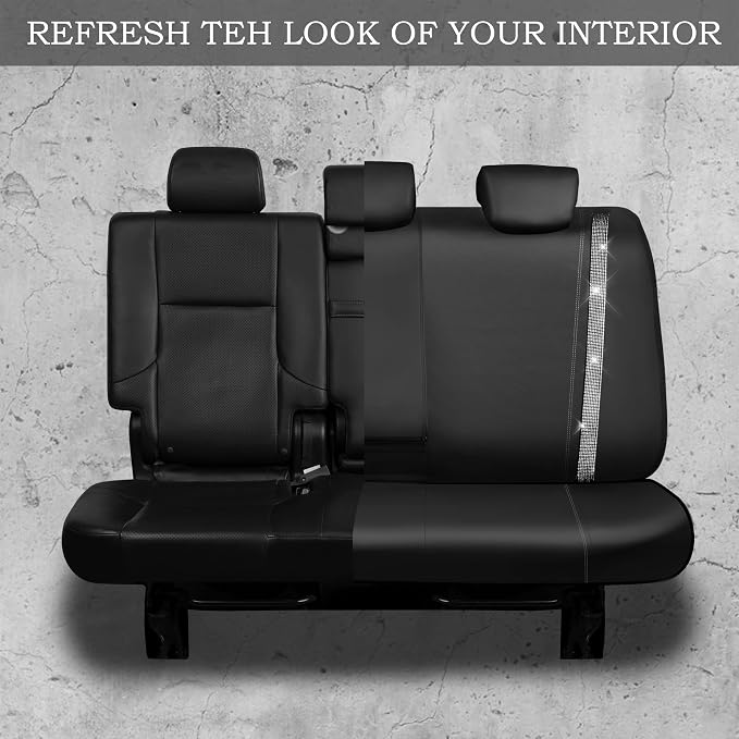 CAR PASS Bling Rhinestone&Leather Back Seat Cover, Waterproof Bench Rear Seat Cover Shining Diamond Universal Fit Automotive Glitter Crystal Sparkle Strips for Kid Women Girl, Silver Diamond - Image 4