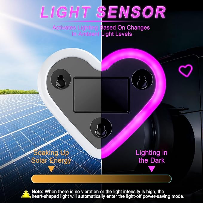 iFunyLED Heart-Shaped Solar Powered Car LED Interior Ambient Light, Wireless Lamp with 5 Lighting Modes, Dual Charging & Dual Sensor Design, Cute Car Accessories Gift for Women, Pack of 1 (Pink) - Image 3