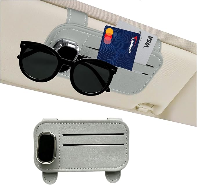 Car Visor Glasses Clip - PU Leather Card Holder,Double Clips | Slim Profile,Quick Access,Secure Hold,Vehicle Sunglasses Storage,Parking Pass,ID Card,Cash & Receipt Organizer by Unknown