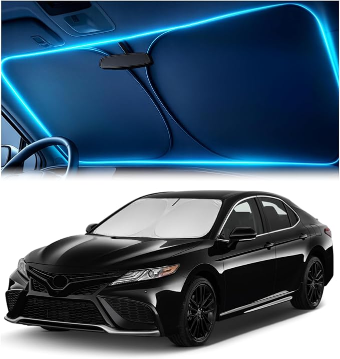 Windshield Sun Shade for Toyota Camry 2018-2024 LE/XLE/SE/XSE/Hybrid – Custom Fit Sun Shield with Mirror Cut‑Out, Blocks Heat & UV, Foldable with Storage Pouch - Toyota Camry Windshield Sunshade by Autopect