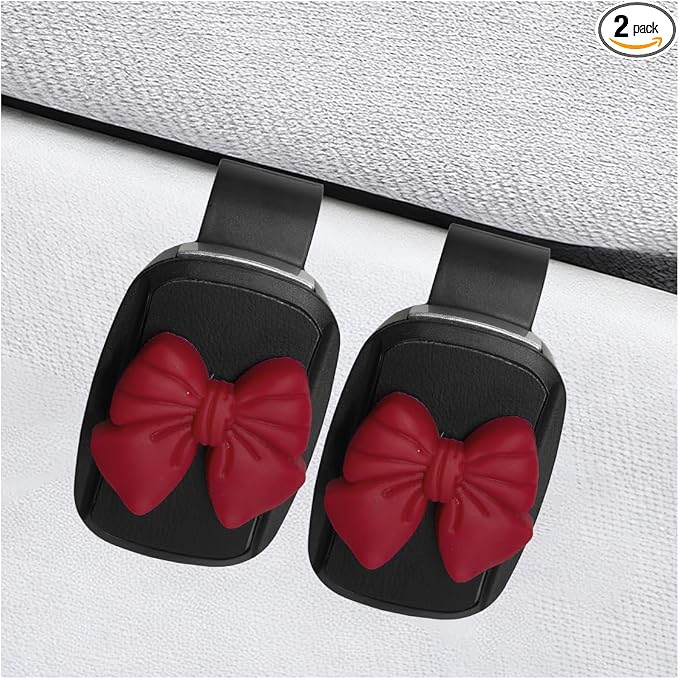 2PCS Cute Bow Glasses Holders for Car Sun Visor, Automotive Leather Sunglasses & Ticket Card Organizing Clip, Universal Vehicle Interior Eyeglasses Mount for Cars, Trucks, SUVs (Red) by Unknown