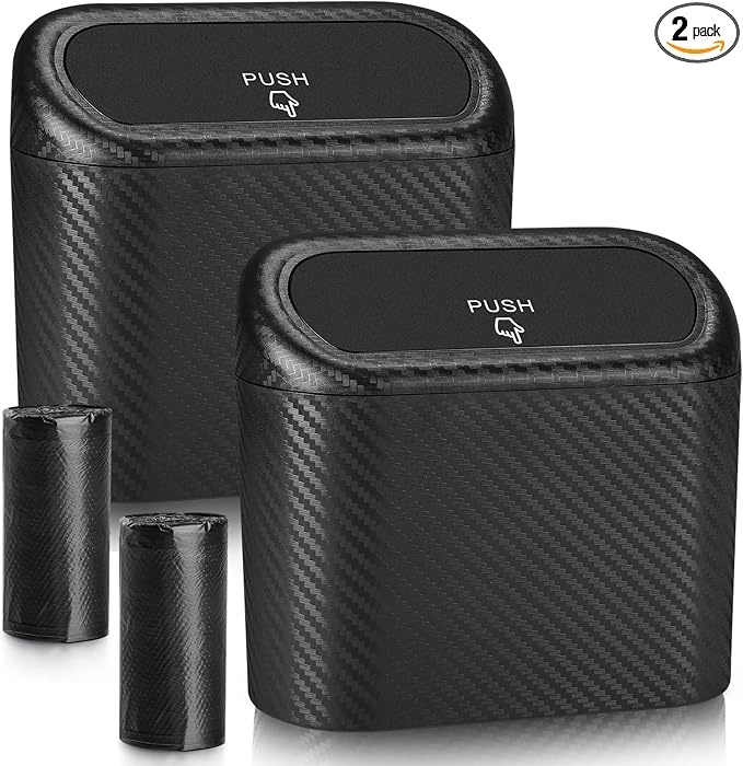 Accmor Car Trash Can with Lid, 2 Pack Mini Vehicle Trash Bin Car Dustbin Garbage Organizer Holder with Trash Bag, Small Hanging Leakproof Auto Storage Bag Container (Carbon Fiber) by Accmor