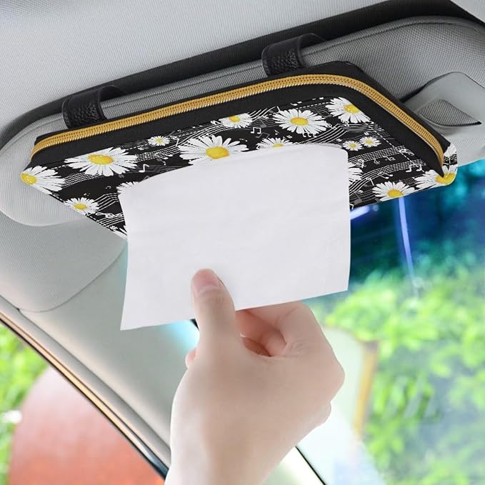 Biyejit 2 Pack Car Tissue Holder, Music Daisy Car Decorative Hanging Napkin Case, PU Leather Tissue Box for Car Sun Visor, Backseat - Image 3