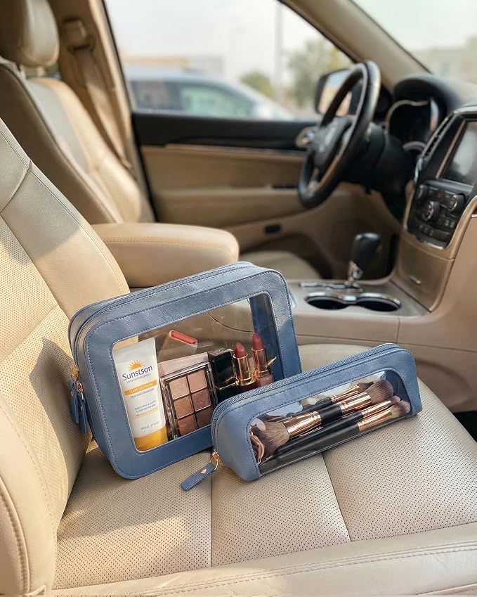 Clear Makeup Bag Set of 2,Pencil Case for Boys,Cute Travel Toiletry Bag | Waterproof PU Leather Portable Makeup Bag for Purse Transparent Travel Comestic Zipper Pouch Organizer and Storage for Women - Image 4