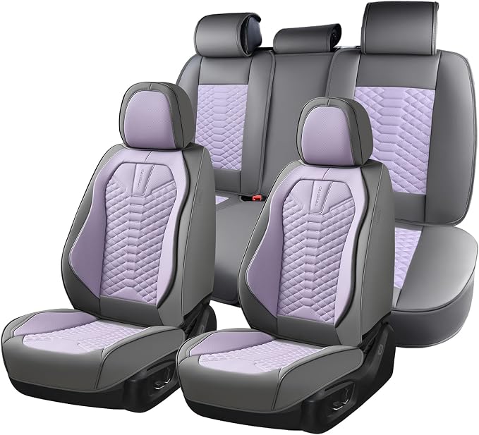 Coverado Seat Covers Full Set, Waterproof Nappa Leather Seat Covers for Cars, 5 Seats Universal Car Seat Protectors, Gray and Purple Car Seat Covers Car Seat Cushions Fit for Most Cars (Gray&Purple) by COVERADOAUTO