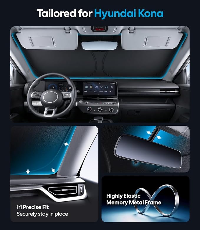 Wigoo for Hyundai Kona Windshield Sunshade, Custom Fit, Keeps Interior Cool | Custom Fit, Cooling Tech Fabric, Foldable Heat-Blocking Sunshade with Storage Bag, for Hyundai Kona 2018-2026 Accessories - Image 4