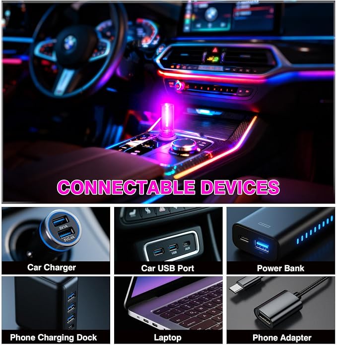 2PCS 13 in 1 USB Car Light, Ambient Lighting for Auto Bedroom Decoration | Plug in USB Interior Car Lights, Touch Control Mini Glass Bottle Night Lamp with 13 Modes & 7 Colors, Mini LED Night Light - Image 7