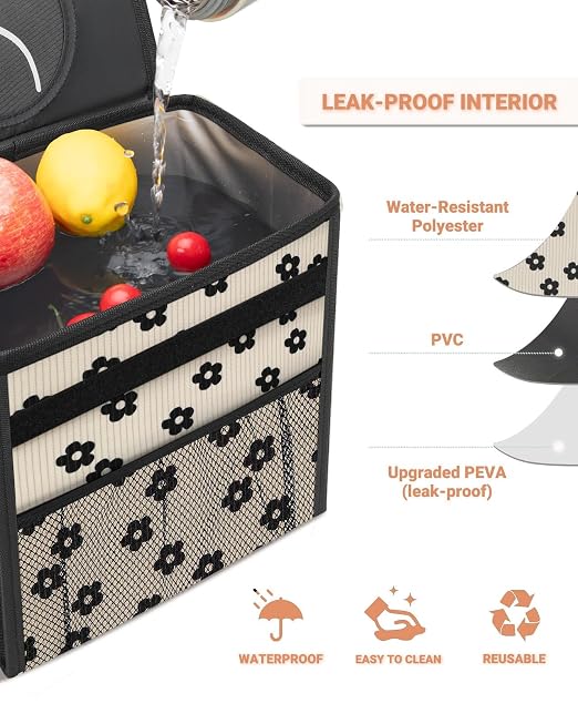 Capolo Car Trash Can with Lid, Leakproof Car Garbage Can Car Trash Bag | Waterproof, Trash Can for Car, 3 Mesh Pockets, Mini Hanging Vehicle Car Trash Bin, for Back/Front Seat (Black Flower,3 Gal) - Image 4